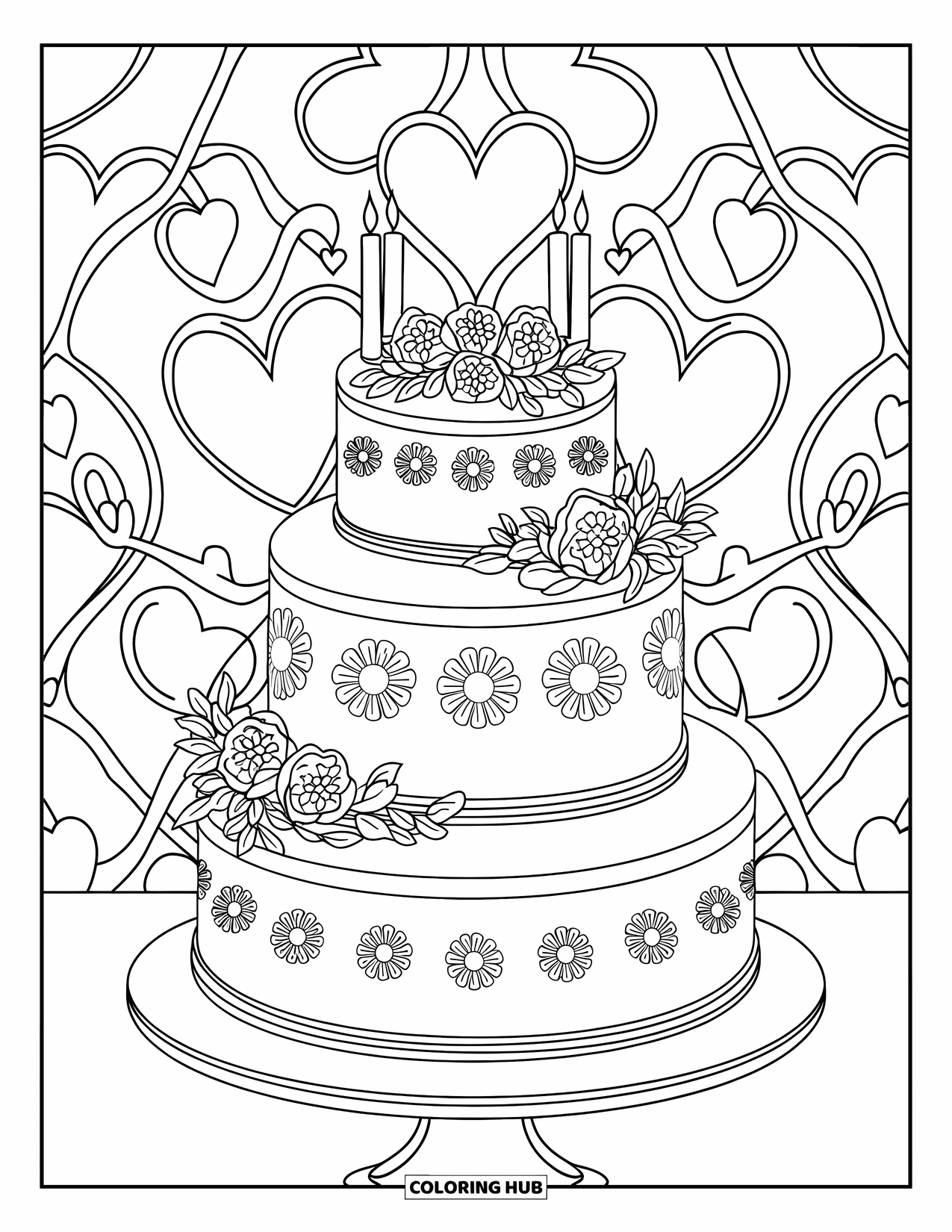 Cake Coloring Page for Adults: A multi-tiered wedding cake with floral piping, candles, and a background of hearts and leaves