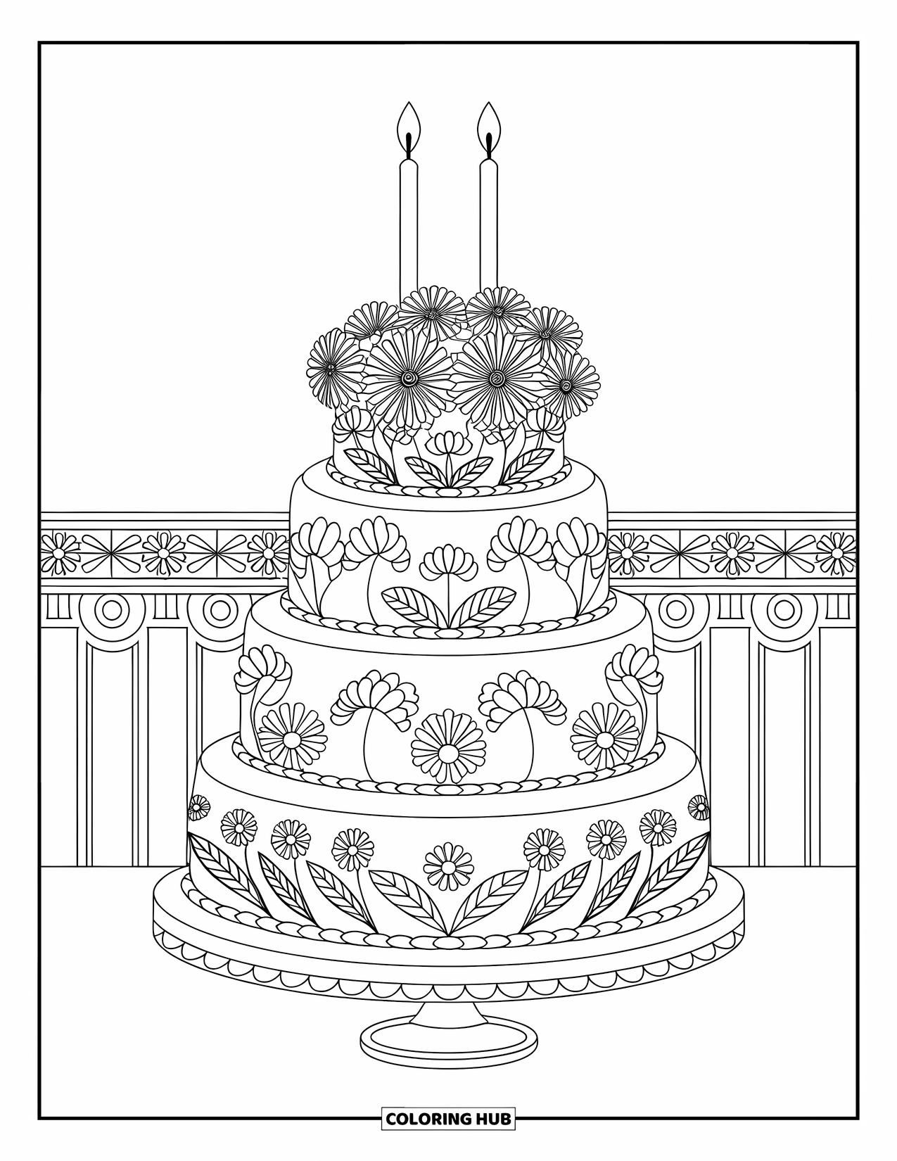 Cake Coloring Page for Adults: A multi-tiered wedding cake with floral piping, candles, and elegant patterns on each layer