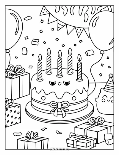 어른을 위한 케이크 색칠공부: 생일 케이크와 선물, 풍선, 색종이가 있는 파티 장면에 귀여운 파티 모자 캐릭터가 있다