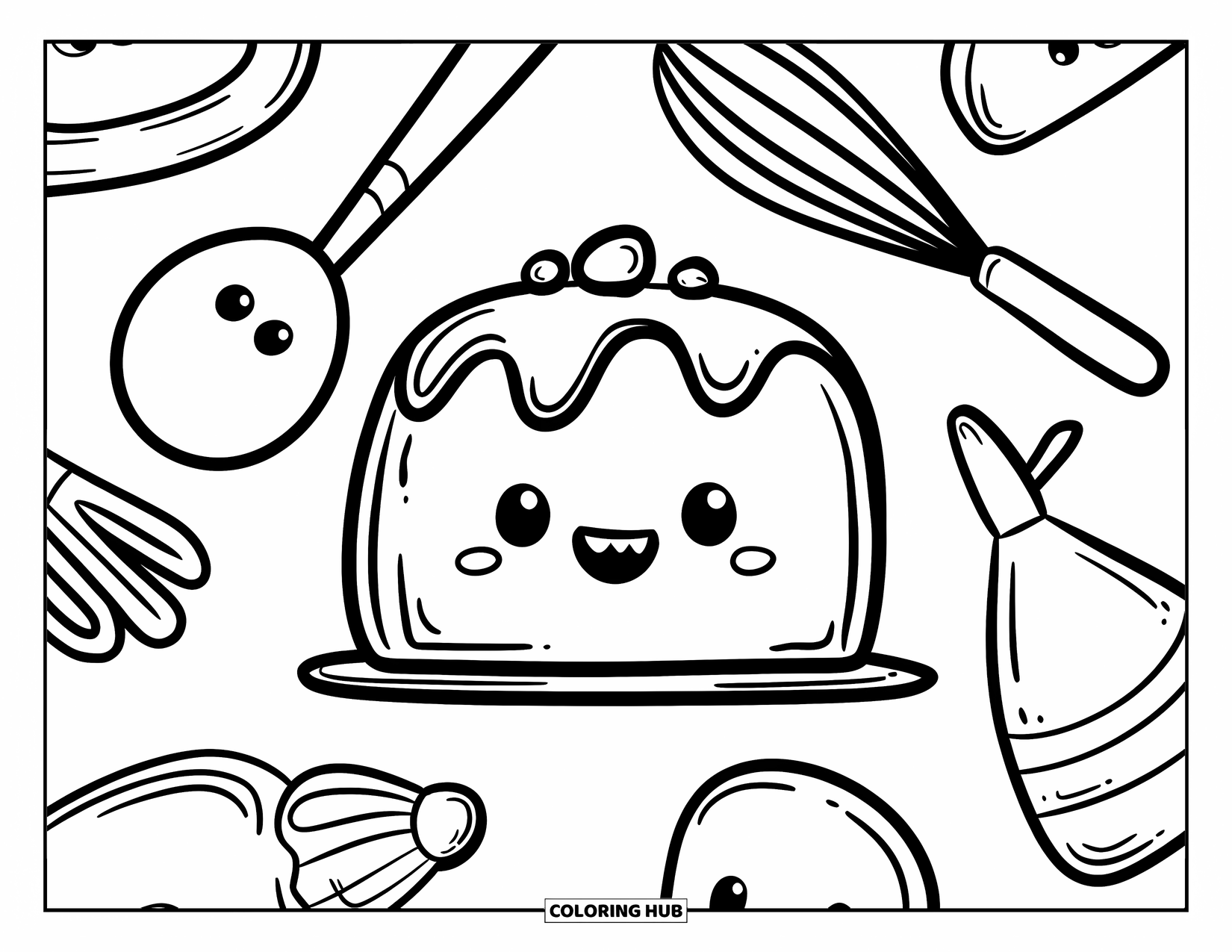 Cake Coloring Page for Adults: A round cake with a happy face, surrounded by kawaii baking tools like a whisk, spatula, and piping bag