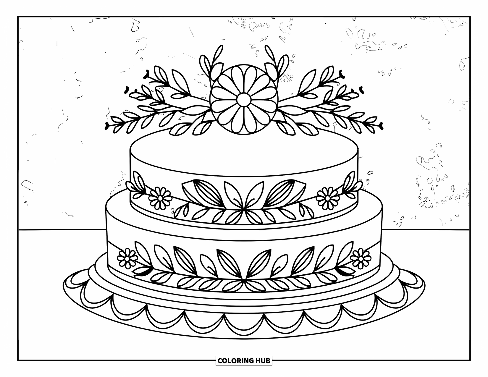 Cake Coloring Page for Adults: A single-tier cake with floral borders and symmetrical designs, placed on a round stand