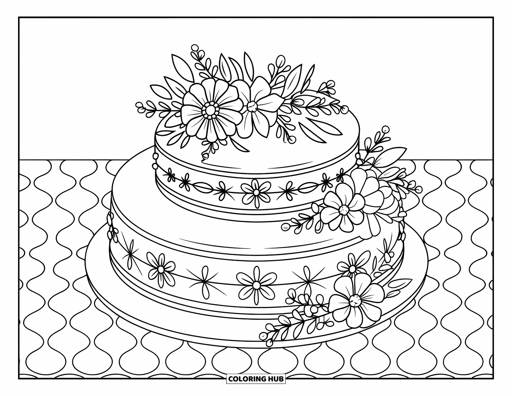 Cake Coloring Page for Adults: A single-tier cake with floral borders, decorated with fresh flowers and small round decorations