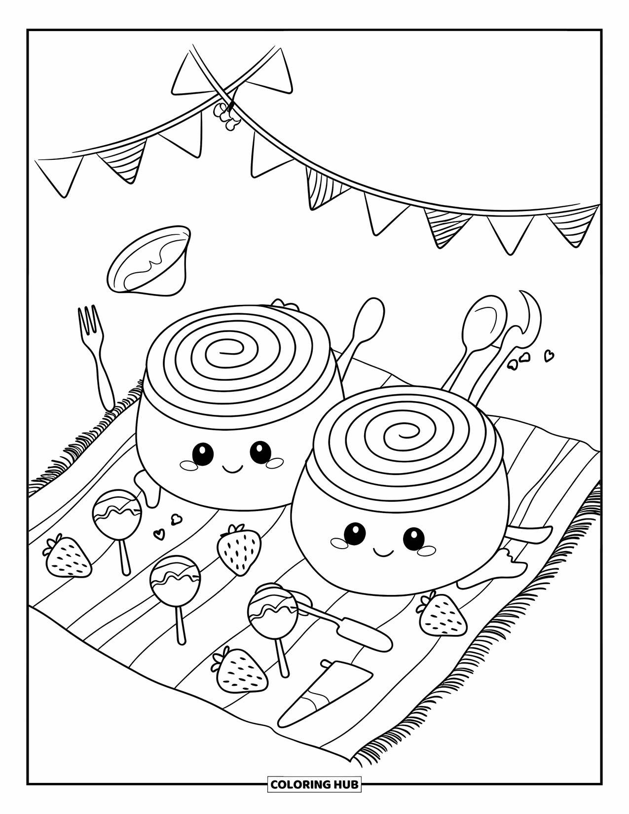 Cake Coloring Page for Adults: A Swiss roll picnic with two Swiss rolls, cake pops, strawberries, and a playful bunting banner