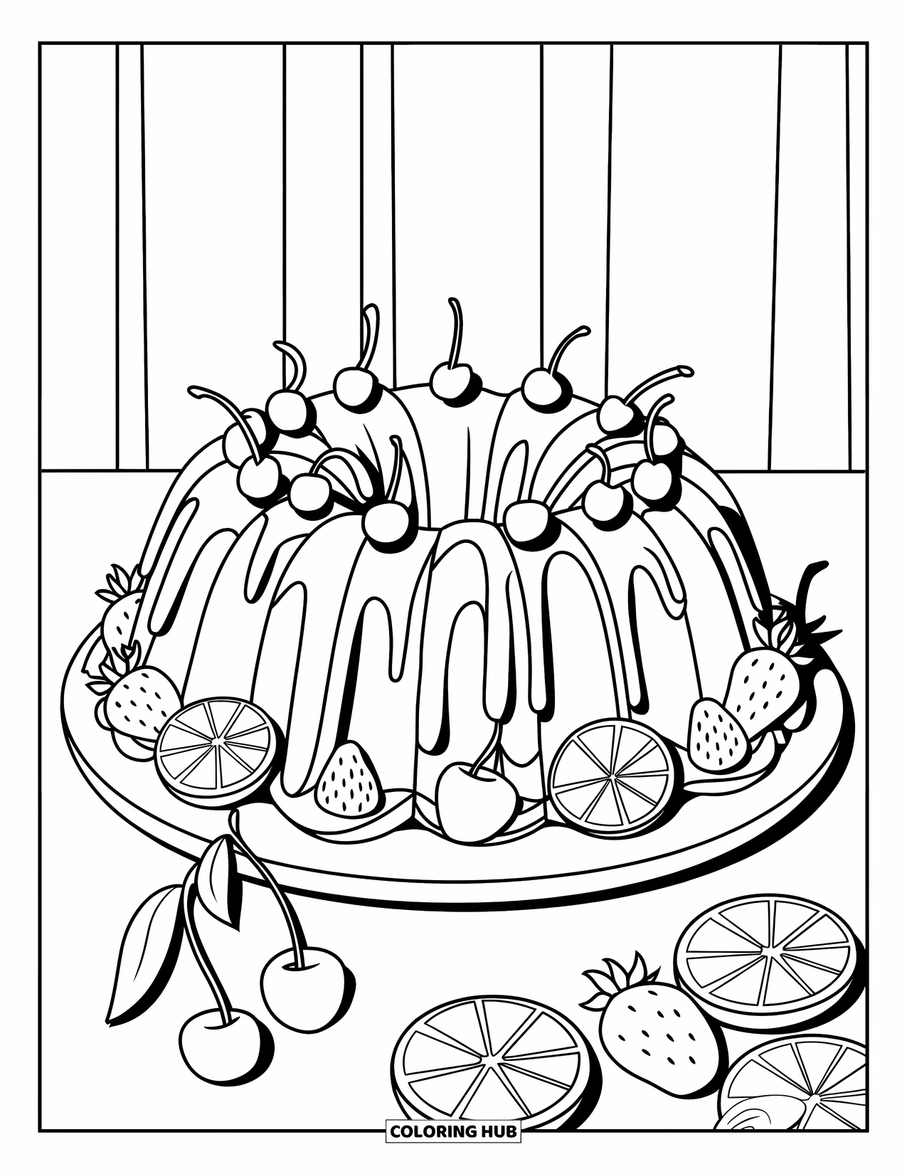 Cake Coloring Page for Kids: A bundt cake with frosting drips and fruit slices, placed on a white plate