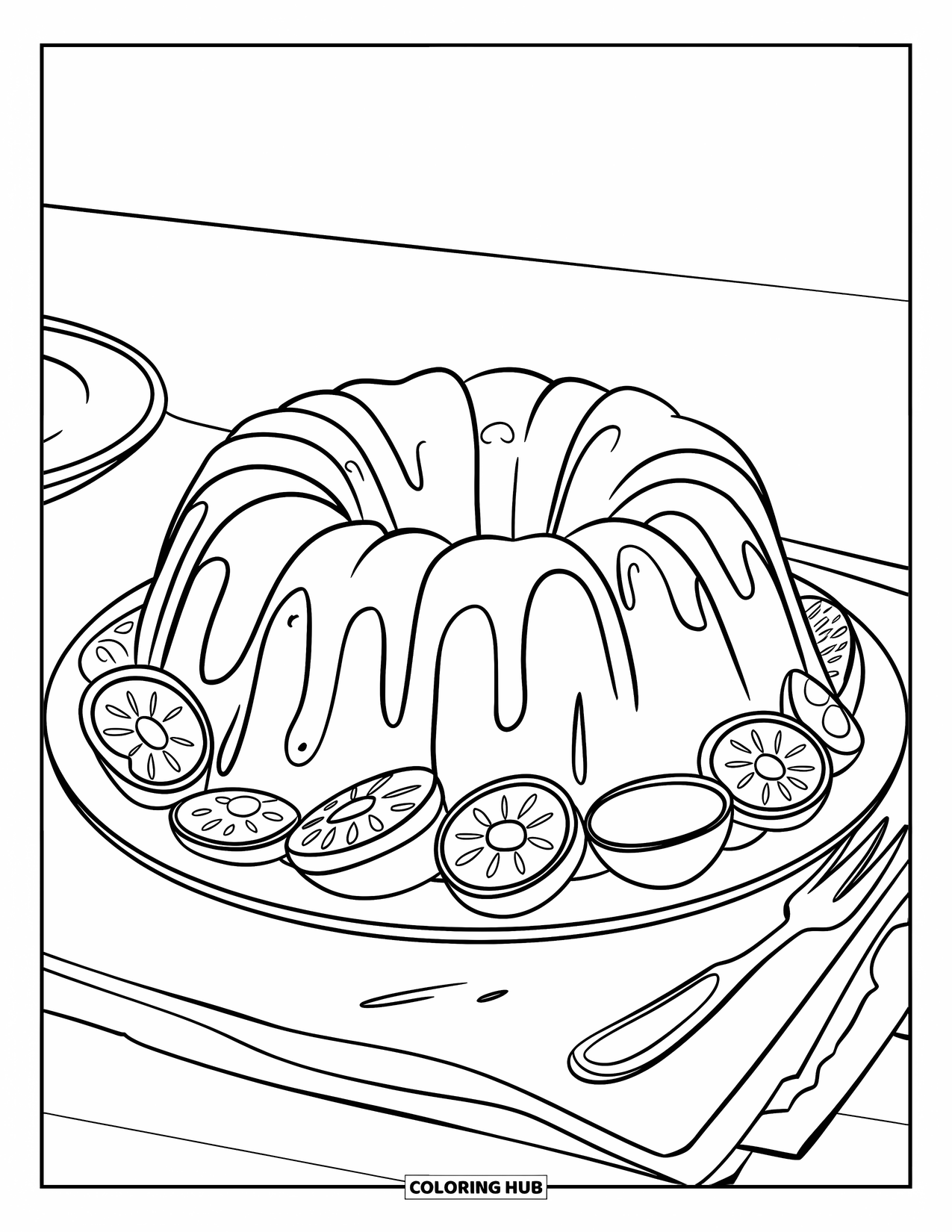 Cake Coloring Page for Kids: A bundt cake with frosting drips, fruit slices, and a fork beside the plate