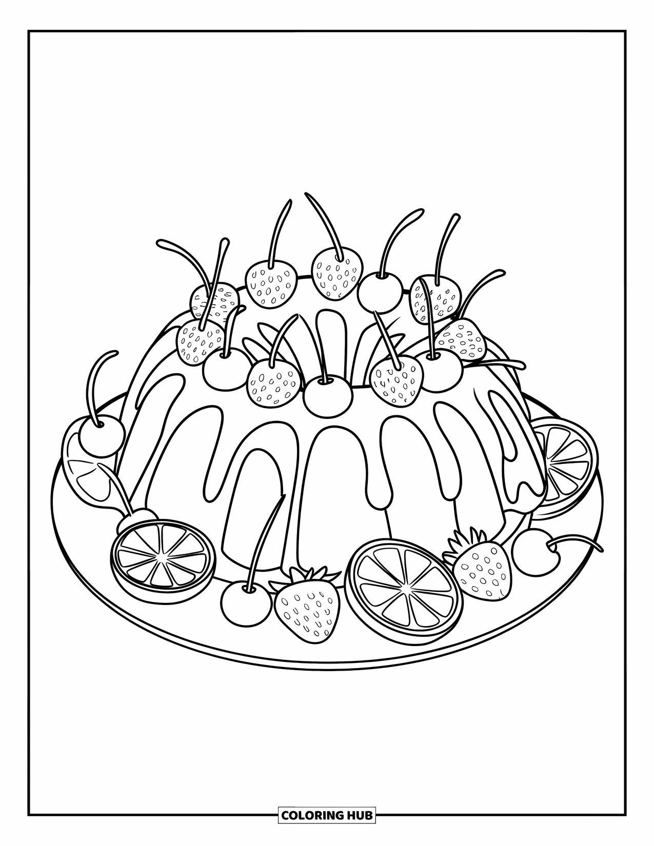 Cake Coloring Page for Kids: A bundt cake with frosting drips, fruit slices, and placed on a round plate