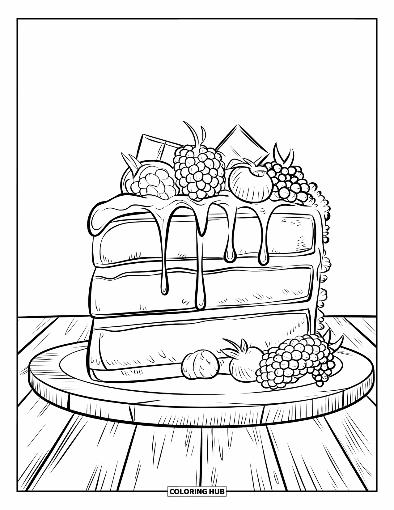 Cake Coloring Page for Kids: A cake slice with fresh berries, chocolate shavings, and sauce on a wooden board