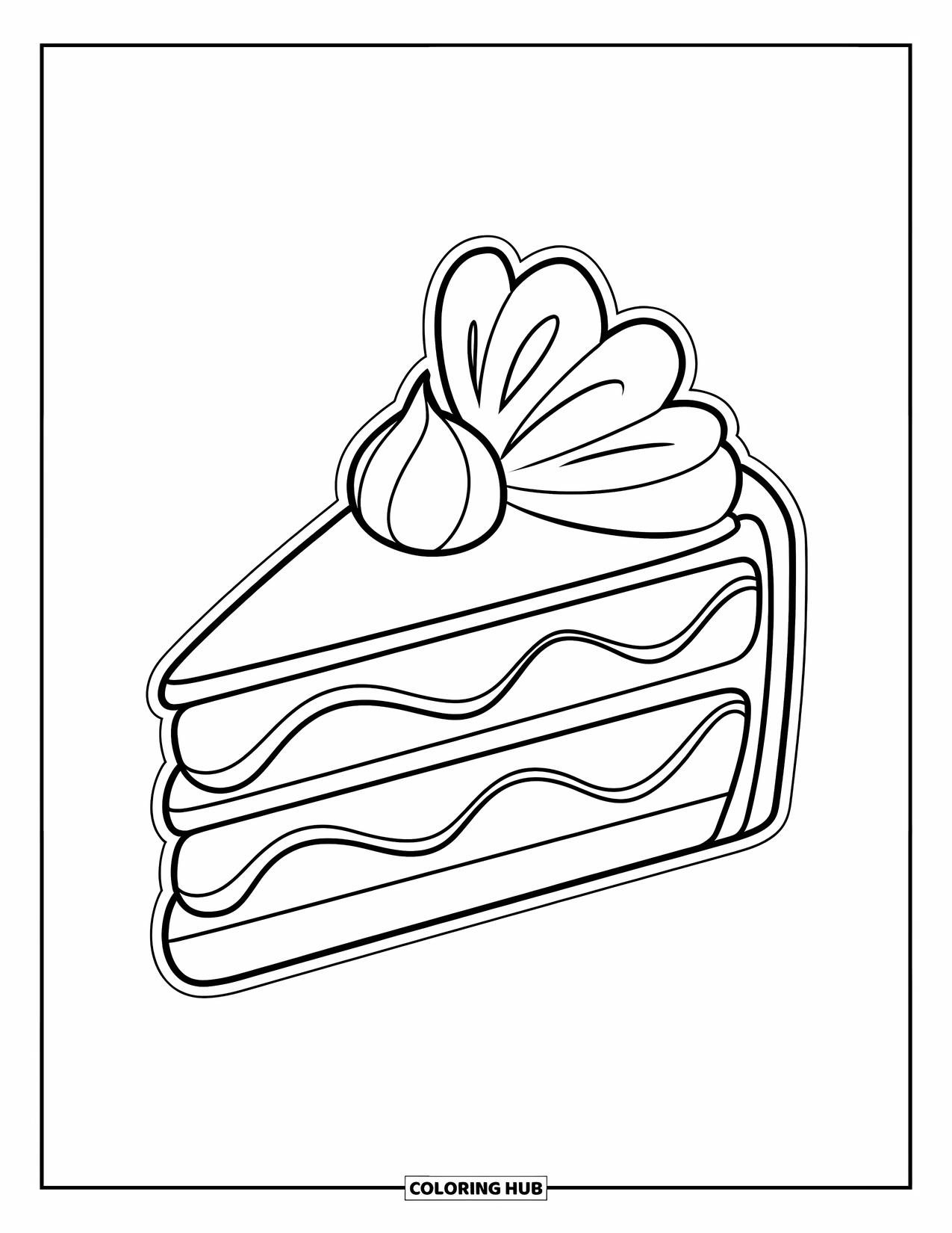 Cake Coloring Page for Kids: A cake slice with frosting layers and a flower-like decoration on top