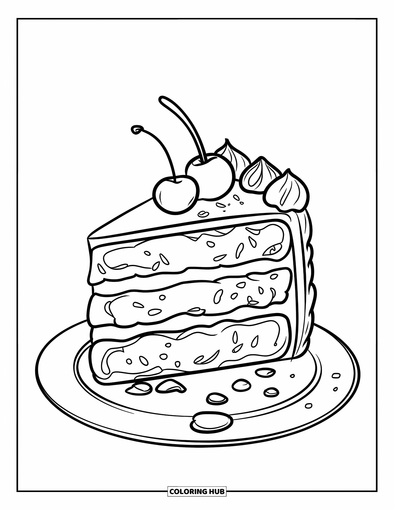 Cake Coloring Page for Kids: A cake slice with frosting layers, light decoration, and crumbs on the plate