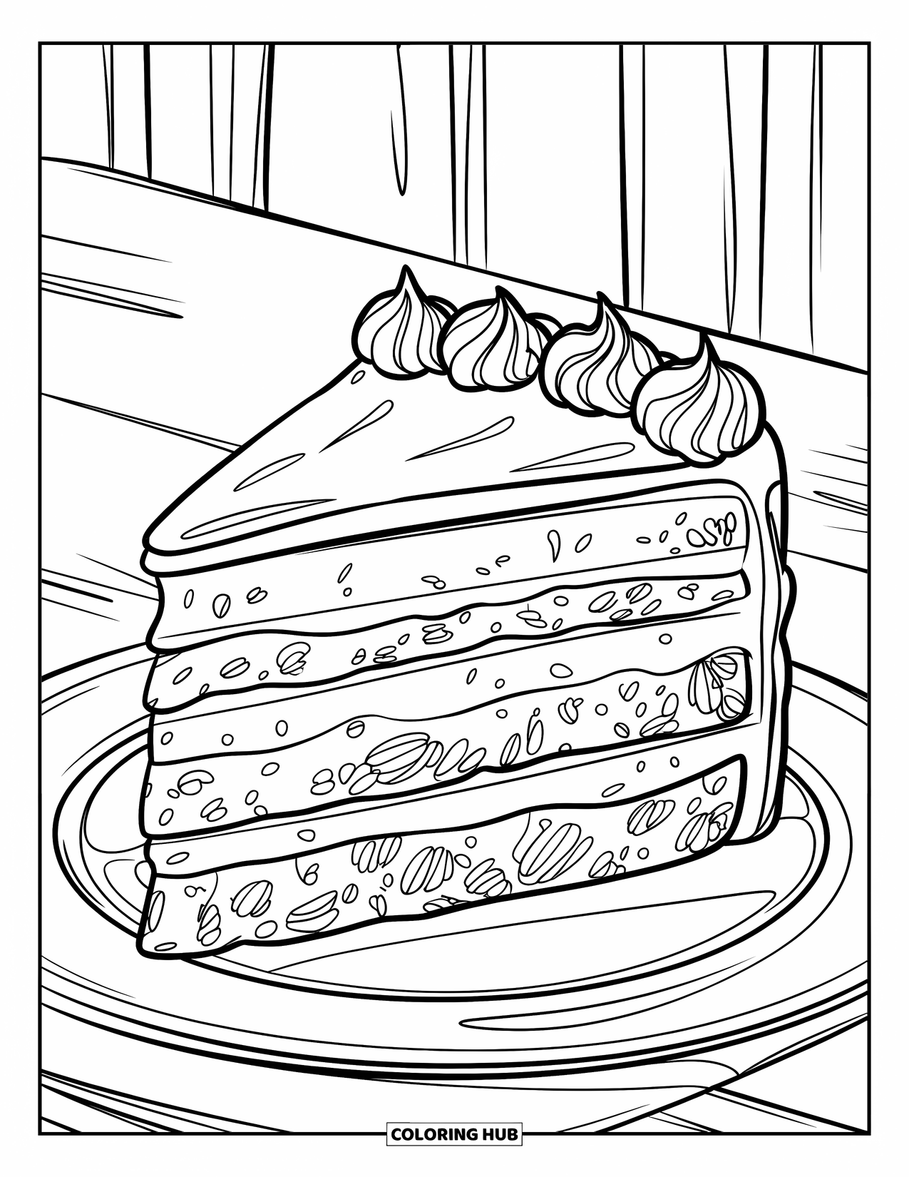 Cake Coloring Page for Kids: A cake slice with layers of frosting, light decoration, placed on a white plate