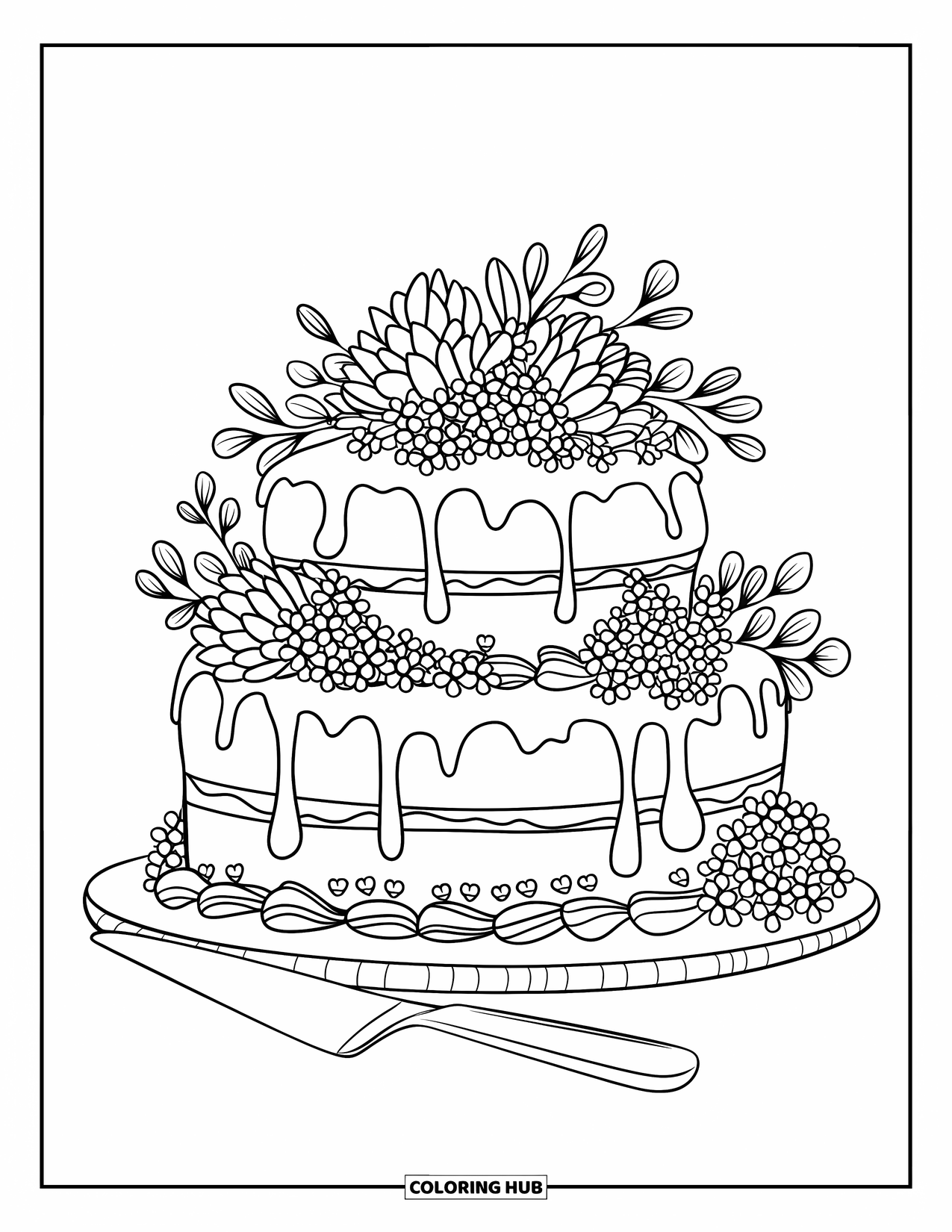 Cake Coloring Page for Kids: A cake with dripping icing, floral decoration, and a knife beside it on a plate
