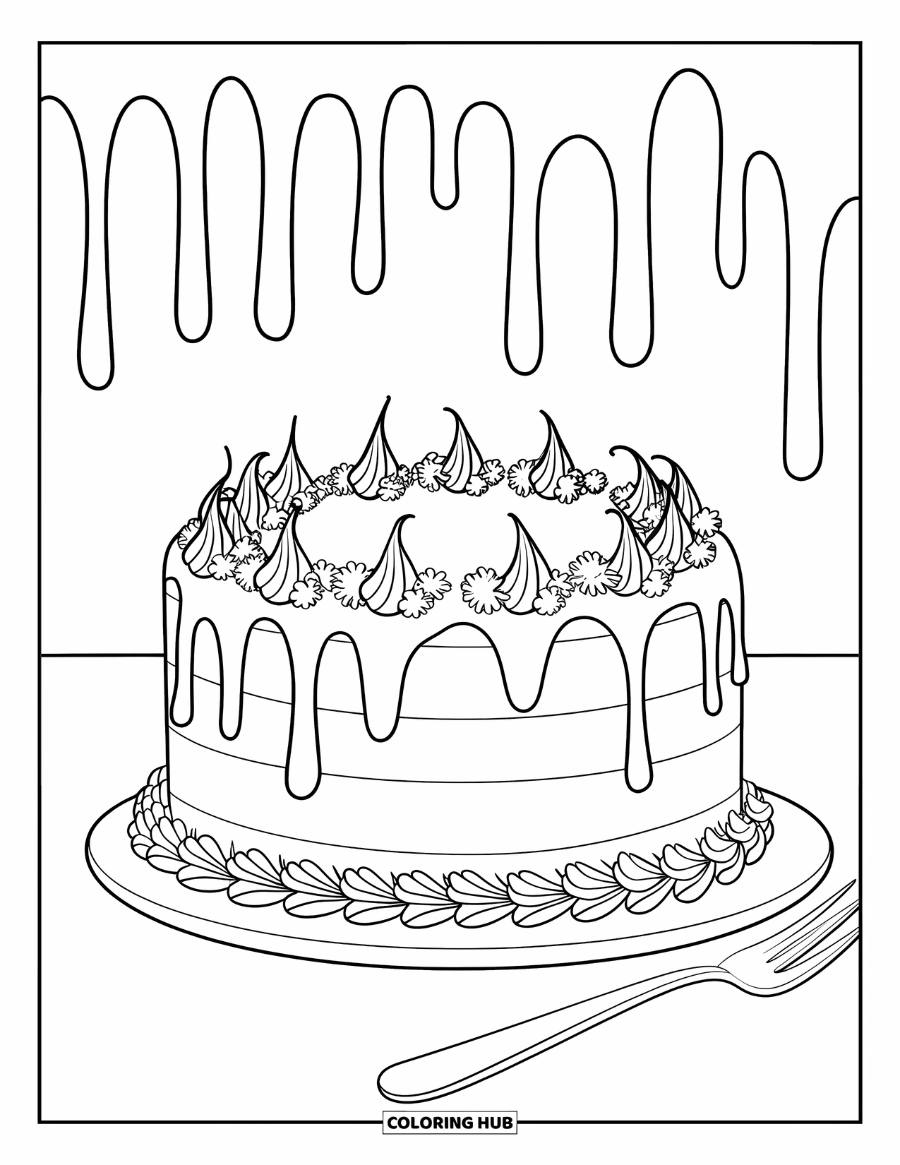 Cake Coloring Page for Kids: A cake with dripping icing, light floral decoration, and a fork beside it on a plate