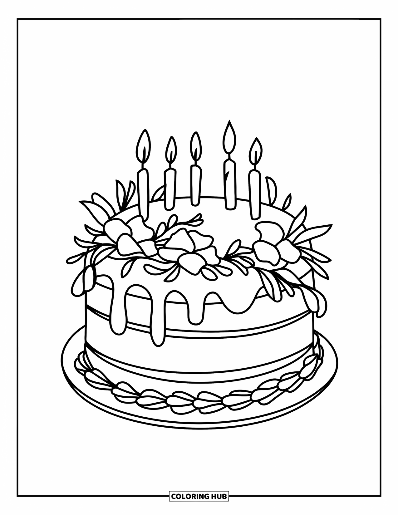 Cake Coloring Page for Kids: A cake with dripping icing, light floral decoration, and candles on a plate