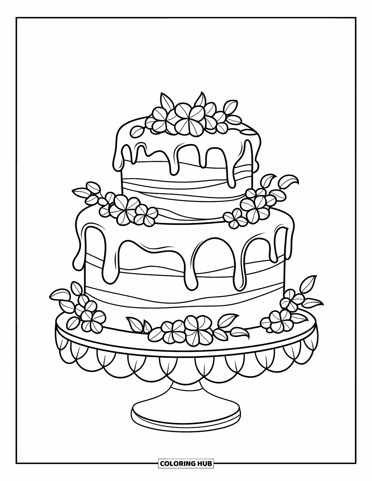Cake Coloring Page for Kids: A cake with dripping icing, light floral decoration, placed on a stand with small flowers
