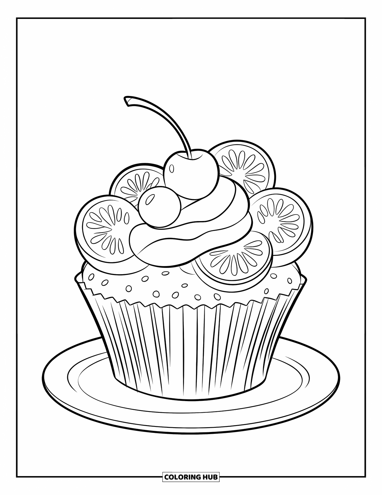 Cake Coloring Page for Kids: A cupcake topped with fruit slices and a cherry on a plate