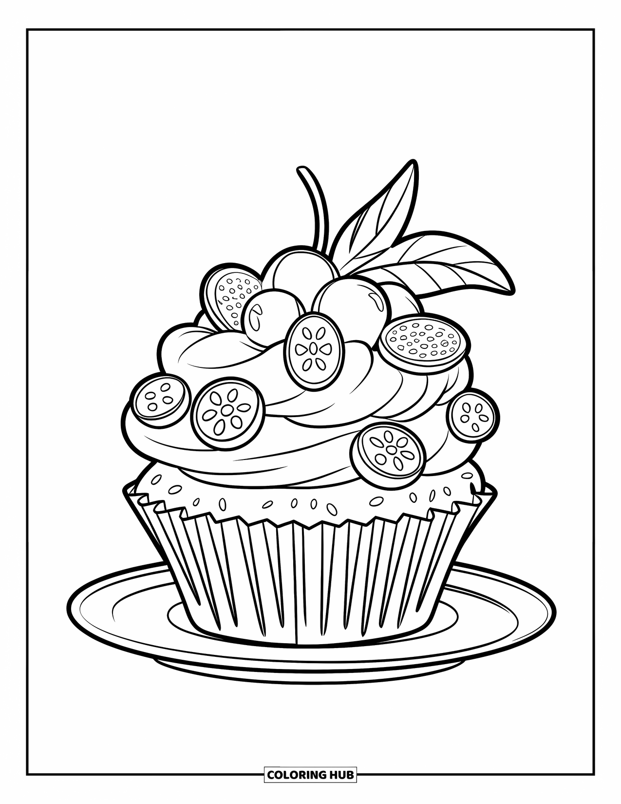 Cake Coloring Page for Kids: A cupcake topped with fruit slices on a plate