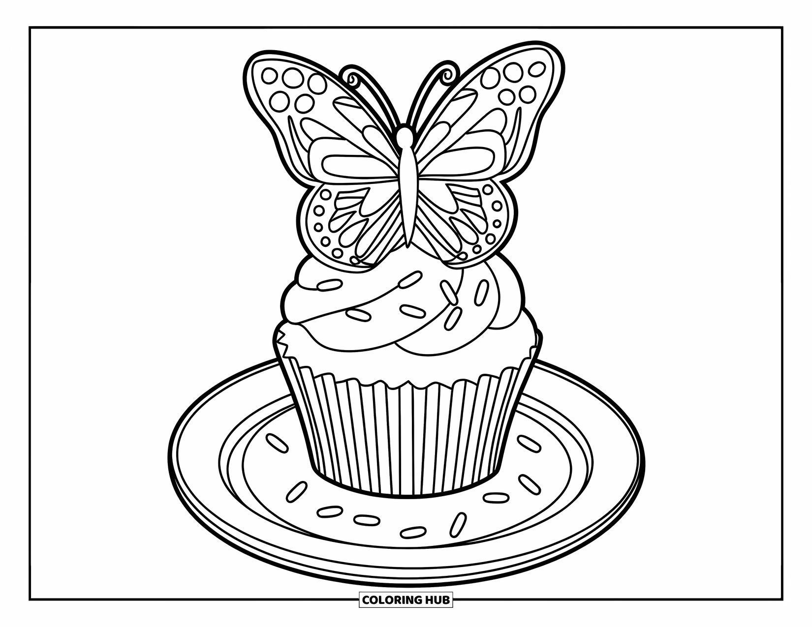 Cake Coloring Page for Kids: A cupcake with a butterfly-shaped topper, sprinkles on top, on a white plate