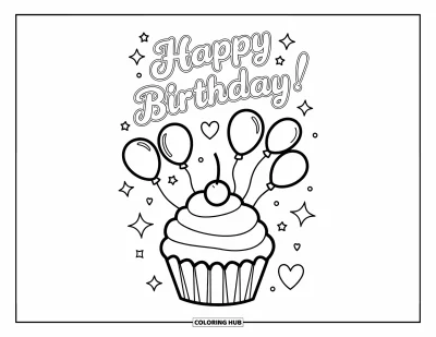 어린이를 위한 케이크 색칠공부: 체리와 아이싱 소용돌이, 풍선이 있는 컵케이크 위에 "Happy Birthday" 글씨가 적혀 있다