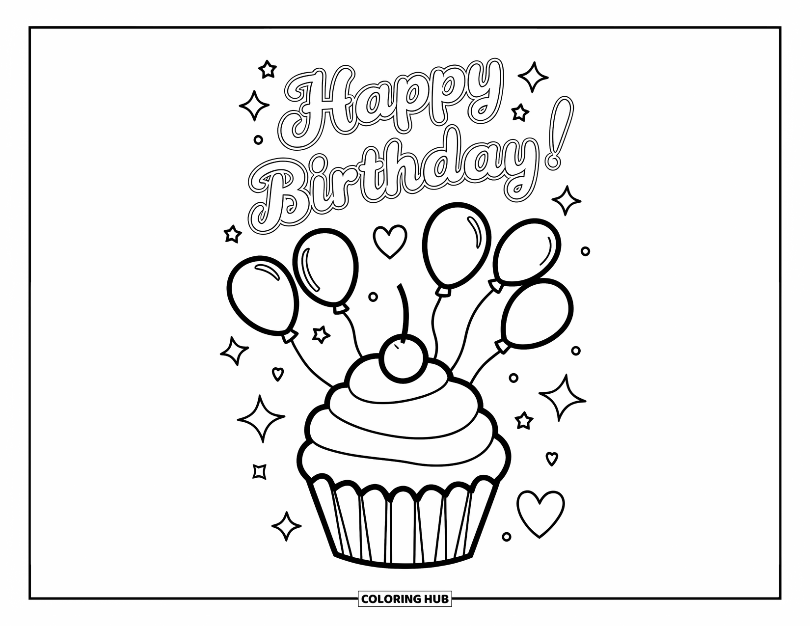 Cake Coloring Page for Kids: A cupcake with a cherry, icing swirl, balloons, and "Happy Birthday" text above
