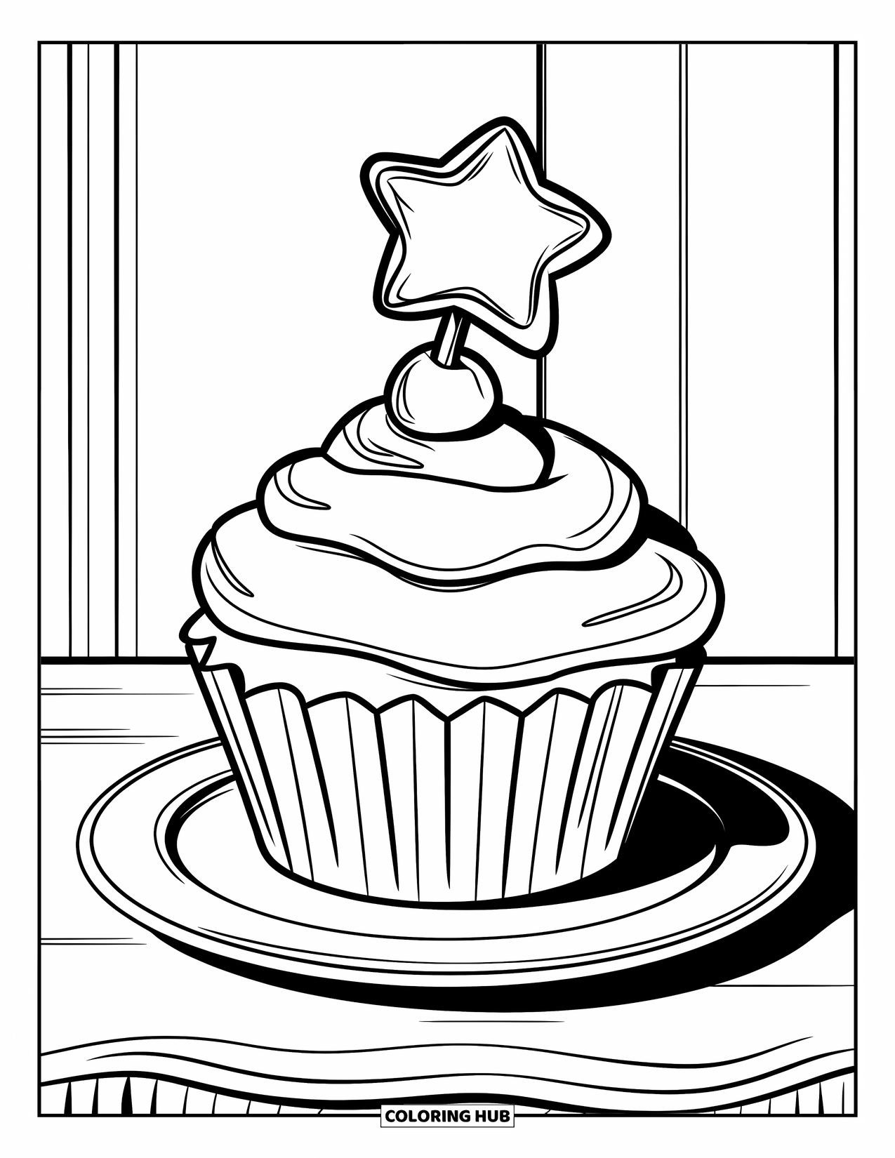 Cake Coloring Page for Kids: A cupcake with a star-shaped topper and ribbon, on a plate with a simple background