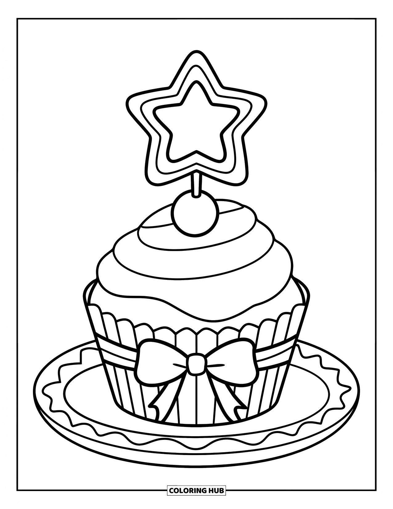 Cake Coloring Page for Kids: A cupcake with a star-shaped topper and ribbon, placed on a plate
