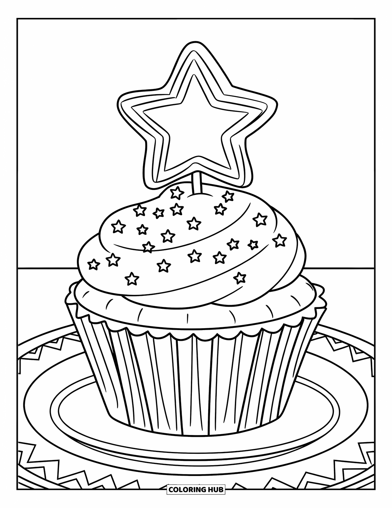 Cake Coloring Page for Kids: A cupcake with a star-shaped topper, ribbon, and sprinkle of stars on top, placed on a plate