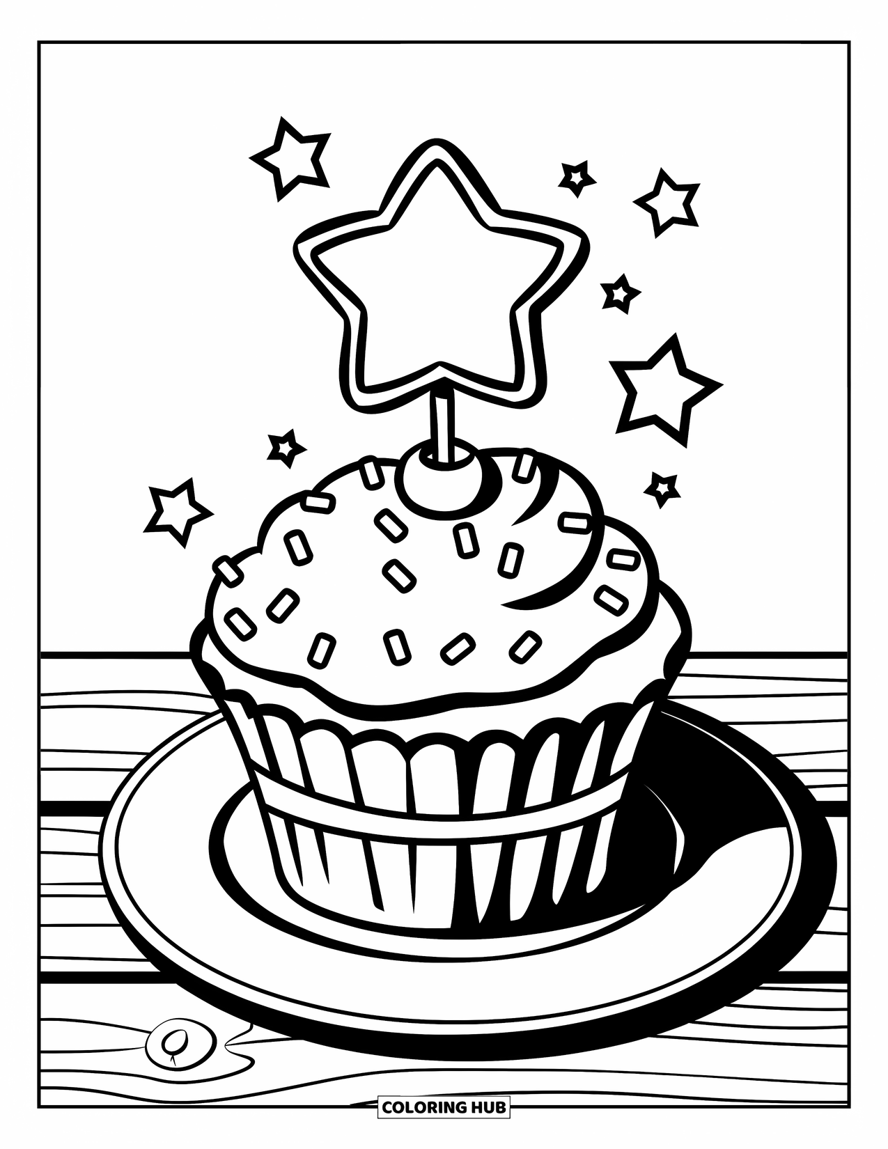 Cake Coloring Page for Kids: A cupcake with a star-shaped topper, ribbon, sprinkles, and stars around it on a plate