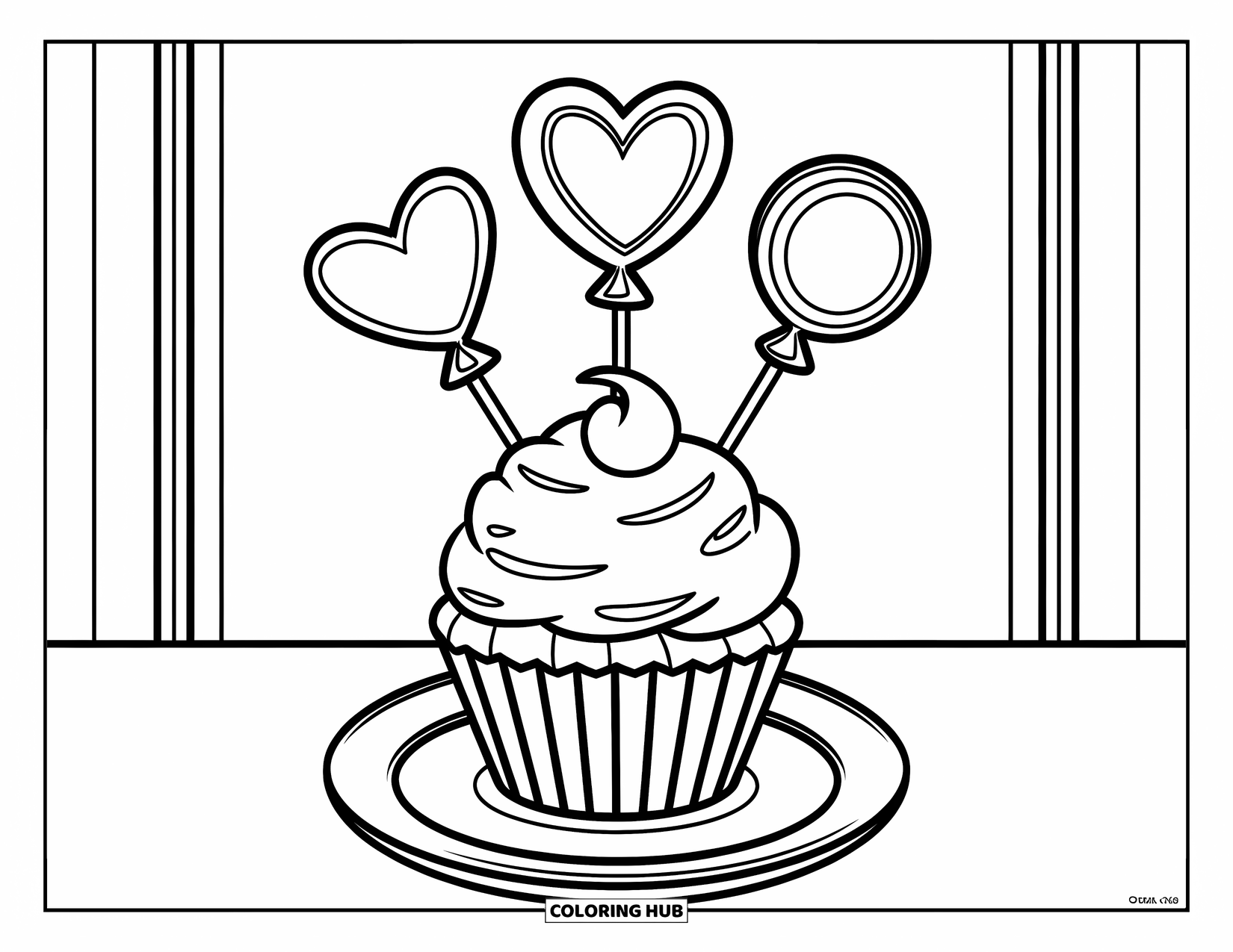Cake Coloring Page for Kids: A cupcake with balloon shapes and bold frosting, placed on a white plate