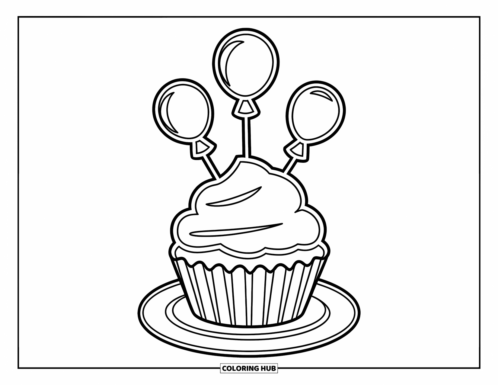 Cake Coloring Page for Kids: A cupcake with balloon shapes sticking out, placed on a white plate