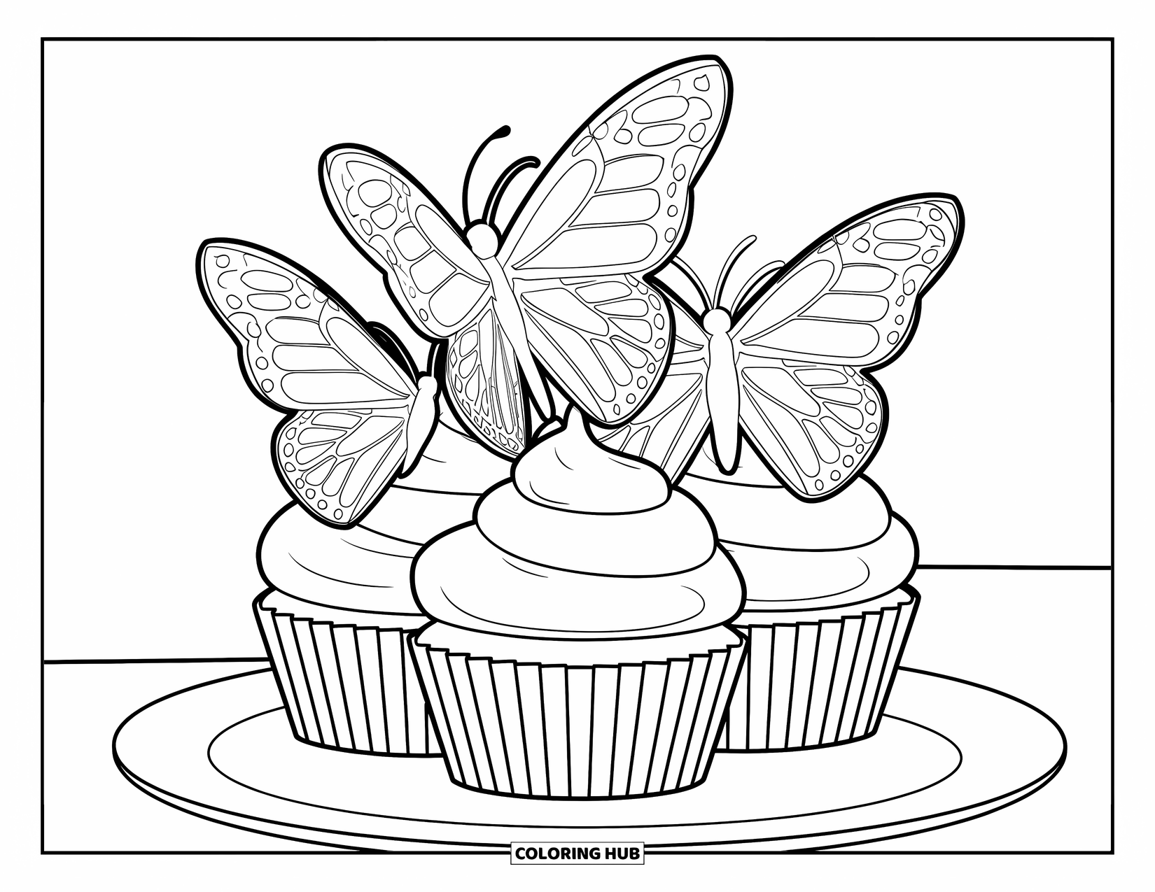 Cake Coloring Page for Kids: A cupcake with butterfly-shaped toppers, perched on top, placed on a simple plate