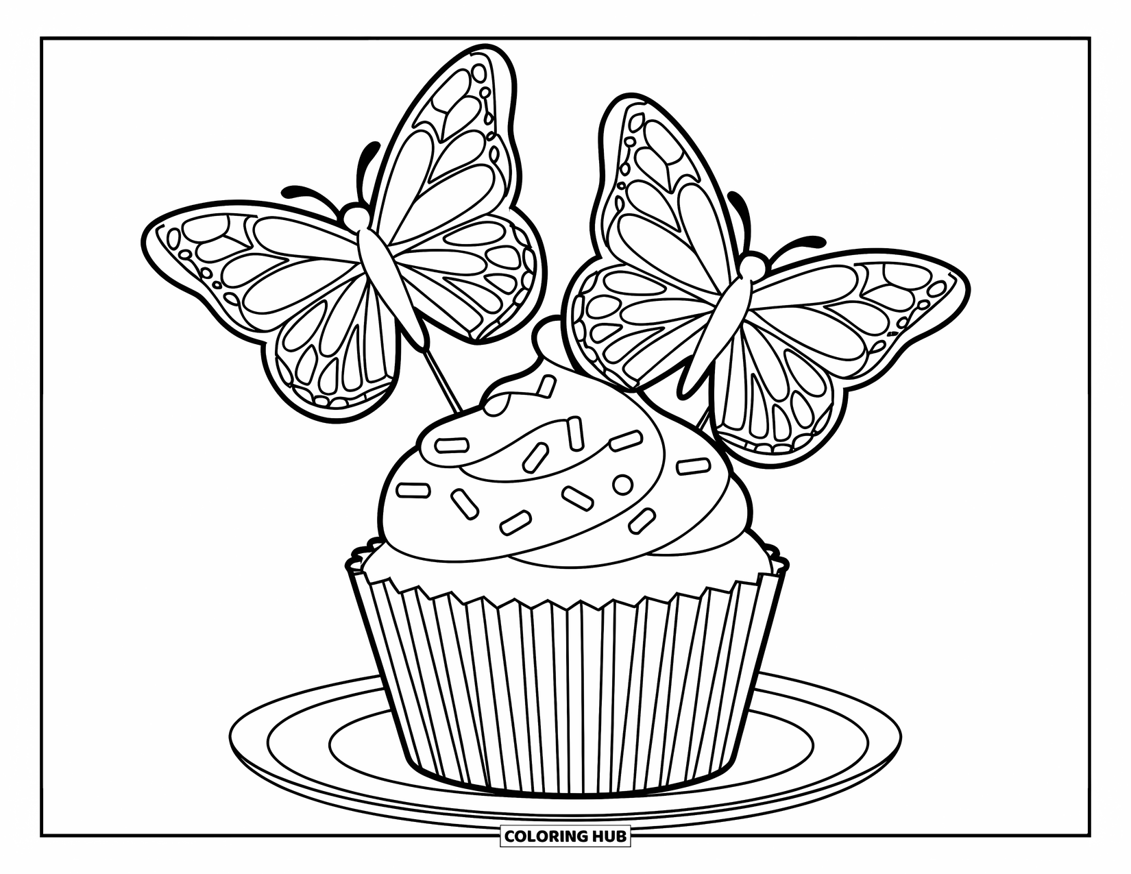 Cake Coloring Page for Kids: A cupcake with butterfly-shaped toppers, sprinkles on top, placed on a plate
