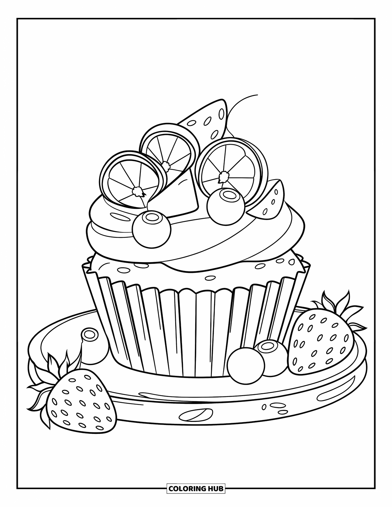 Cake Coloring Page for Kids: A cupcake with fruit slices on top, placed on a wooden board with berries scattered
