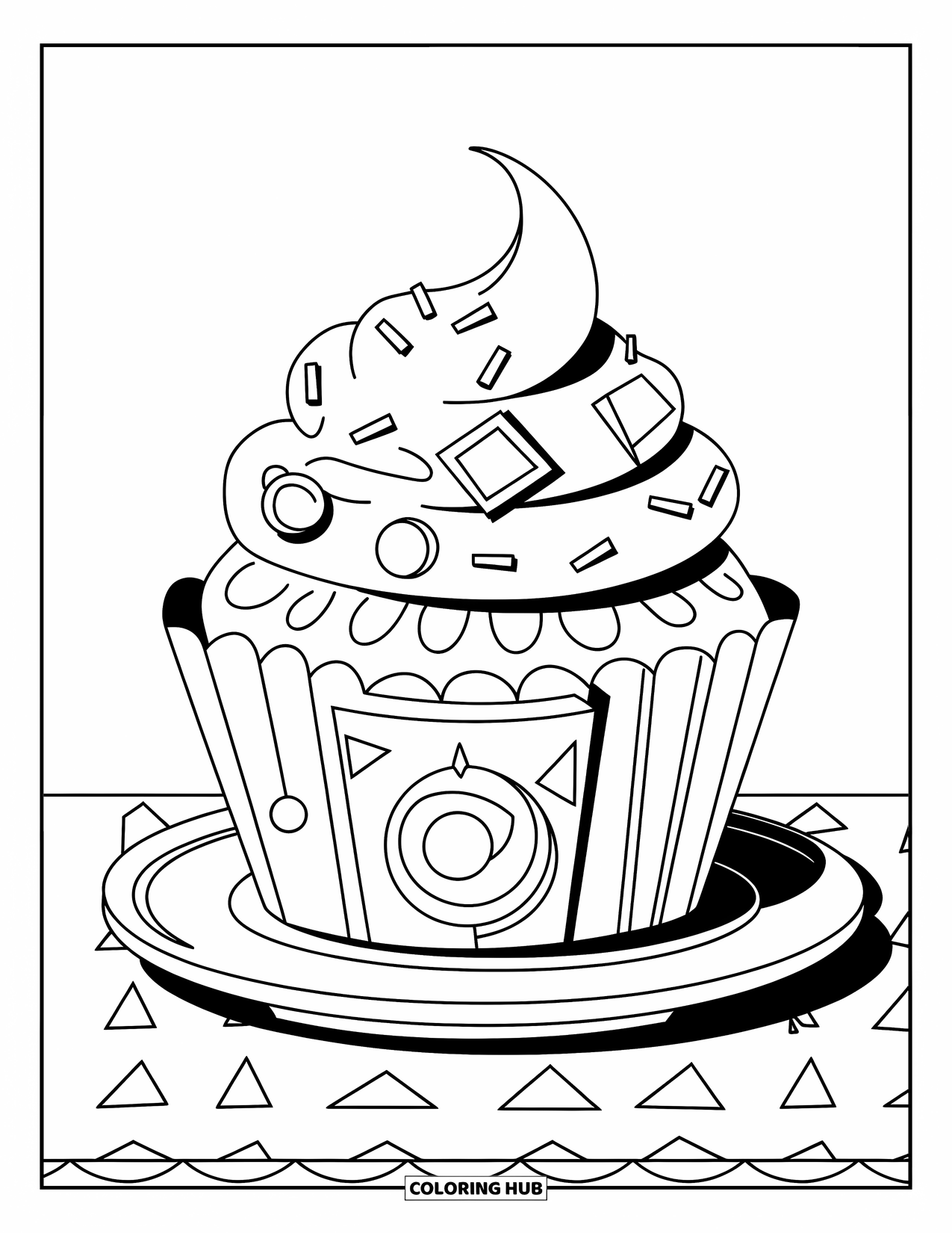 Cake Coloring Page for Kids: A cupcake with geometric shapes on the wrapper and frosting, sitting on a plate
