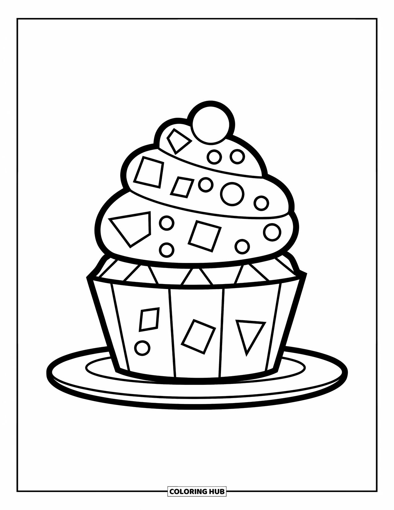 Cake Coloring Page for Kids: A cupcake with geometric shapes on the wrapper and frosting, topped with round sprinkles