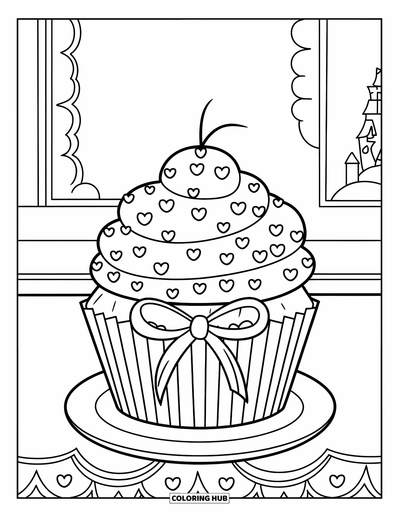 Cake Coloring Page for Kids: A cupcake with heart-shaped sprinkles and a ribbon, placed on a plate with a castle