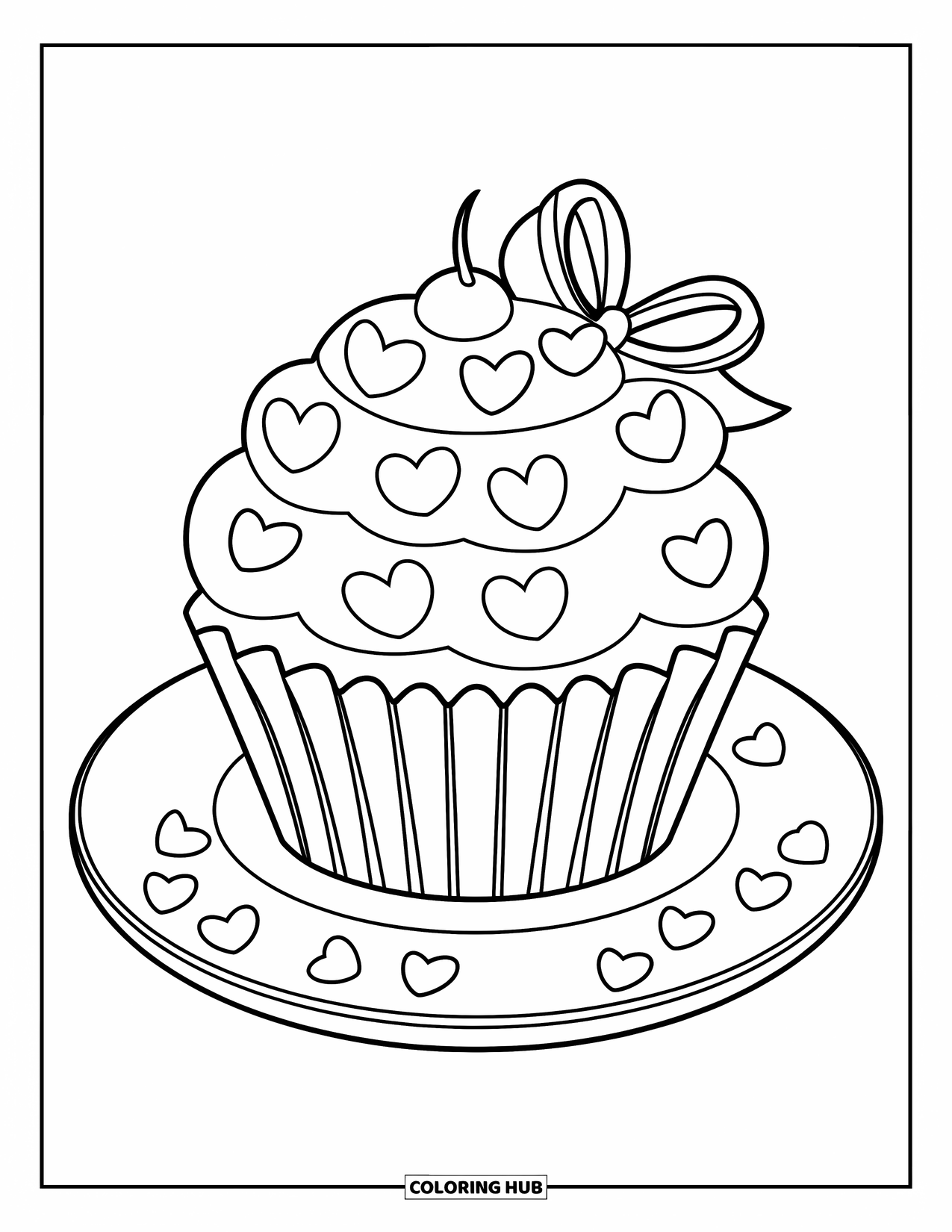 Cake Coloring Page for Kids: A cupcake with heart-shaped sprinkles, ribbon, and sprinkles scattered on the plate