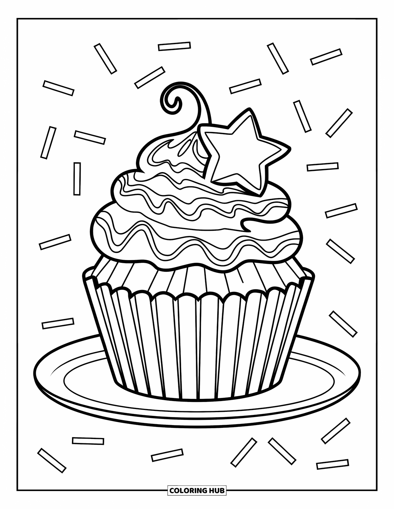Cake Coloring Page for Kids: A cupcake with zigzag frosting, a star decoration, and sprinkles