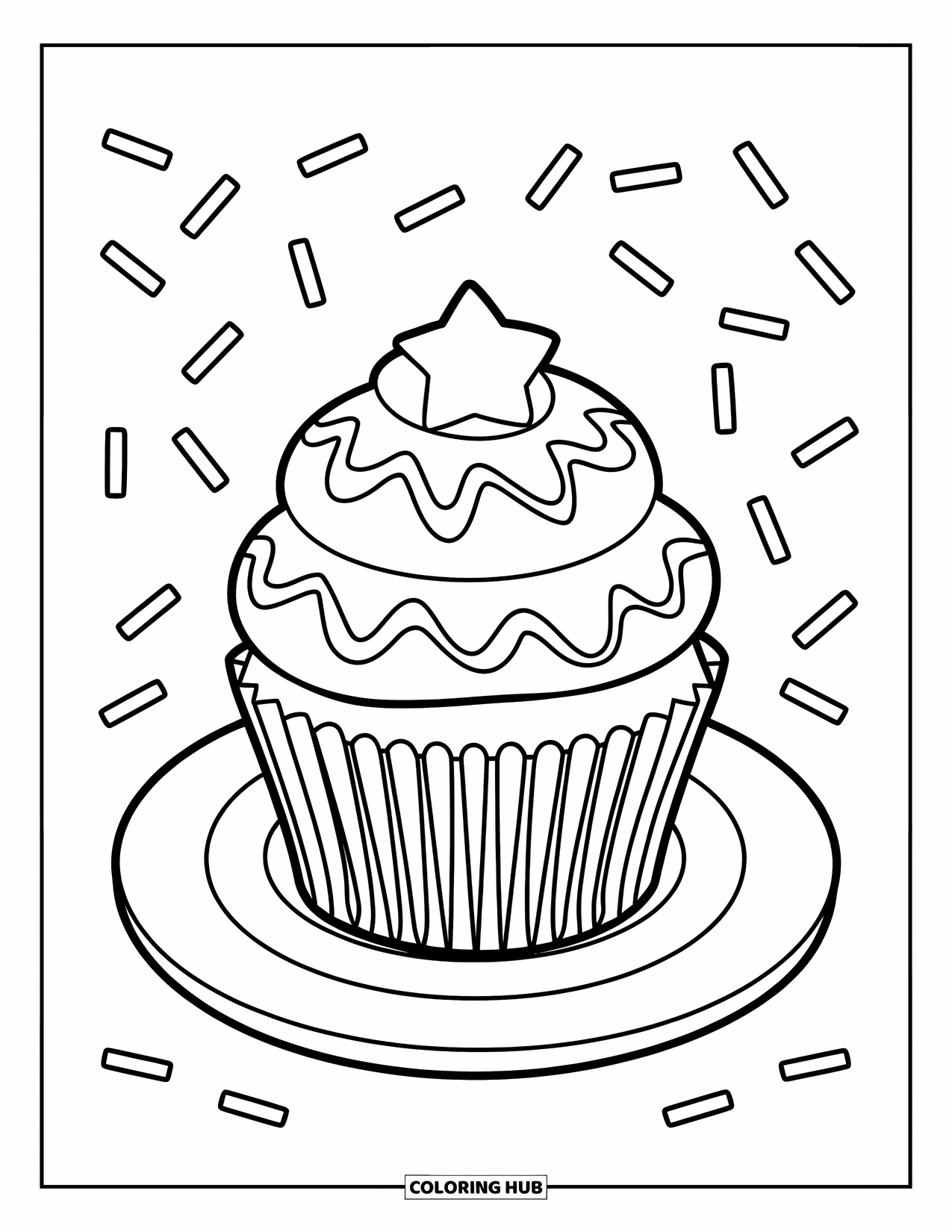Cake Coloring Page for Kids: A cupcake with zigzag frosting and a star decoration, placed on a white plate