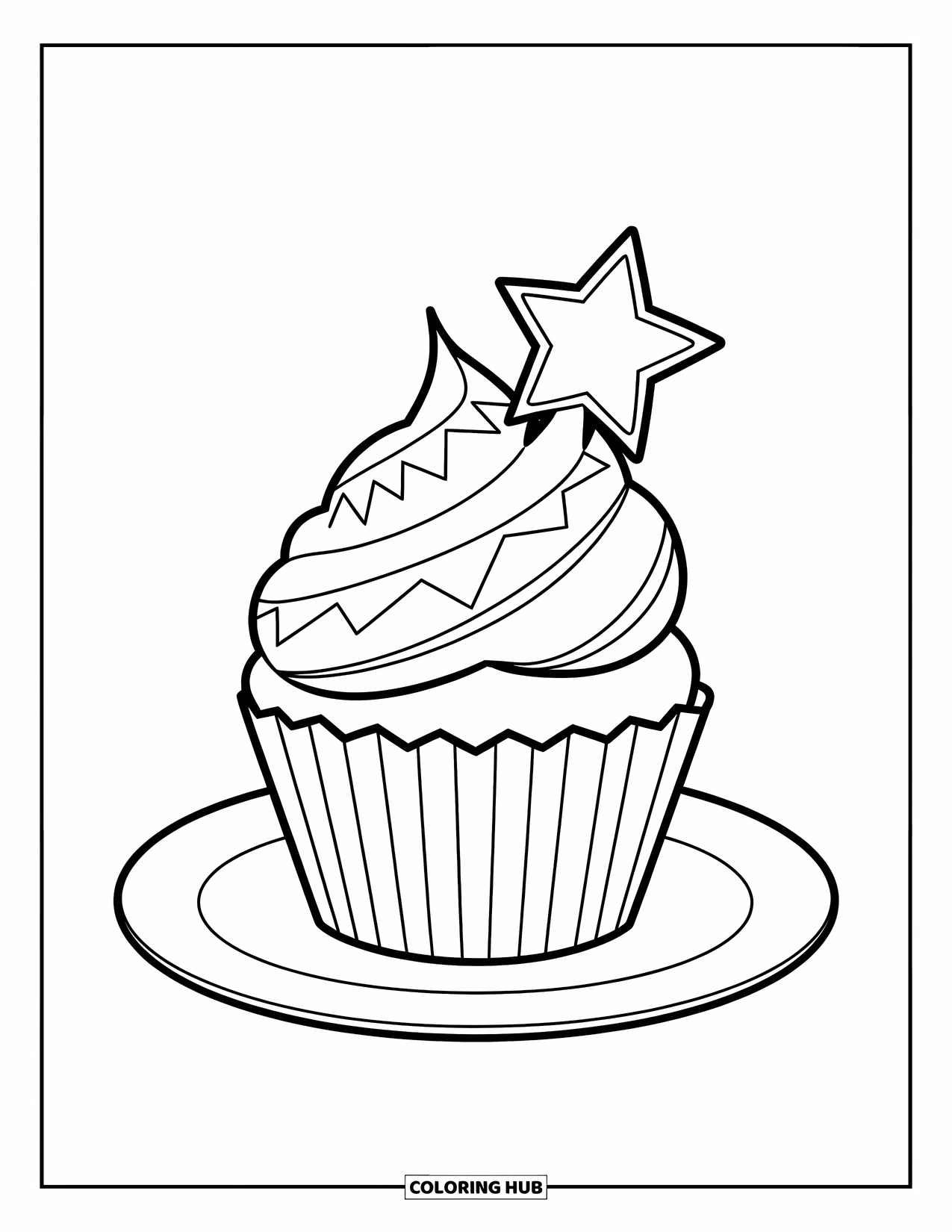 Cake Coloring Page for Kids: A cupcake with zigzag frosting and a star decoration, sitting on a plate