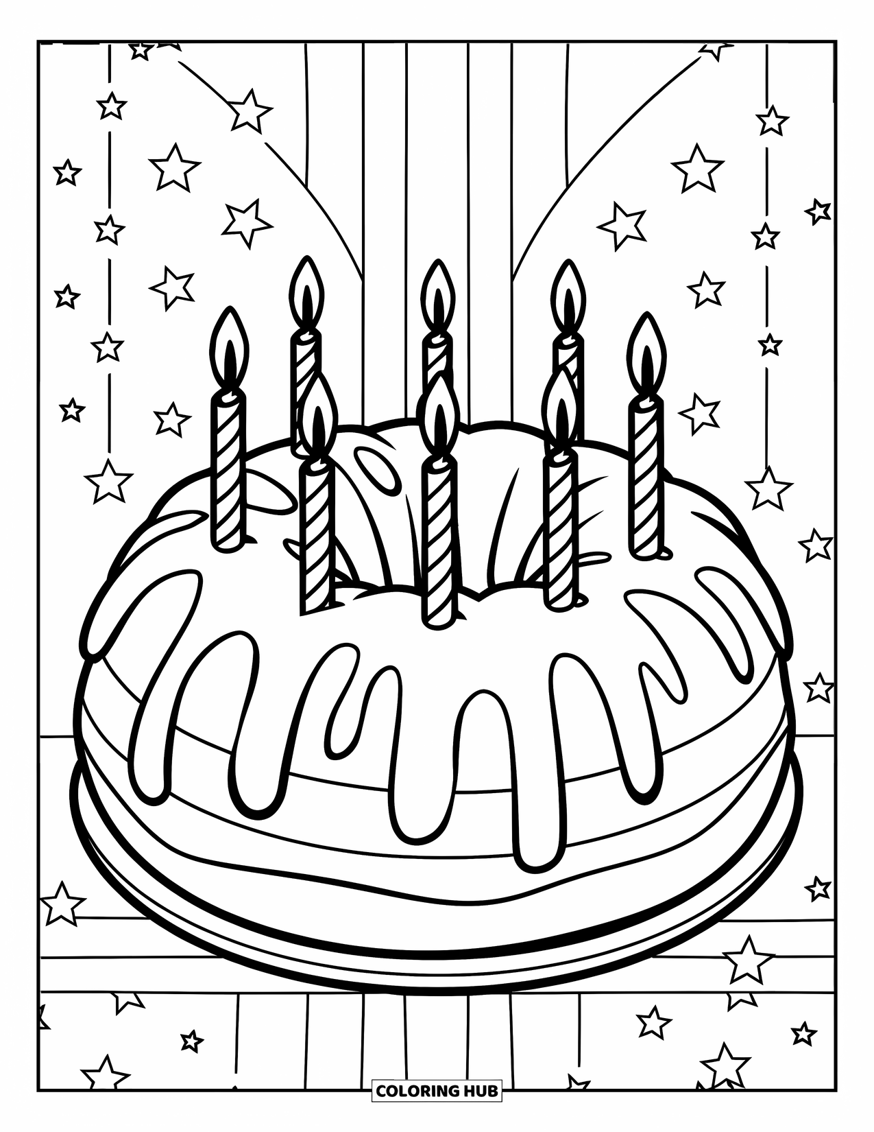 Cake Coloring Page for Kids: A doughnut-shaped bundt cake with candles, on a simple background of stars and stripes