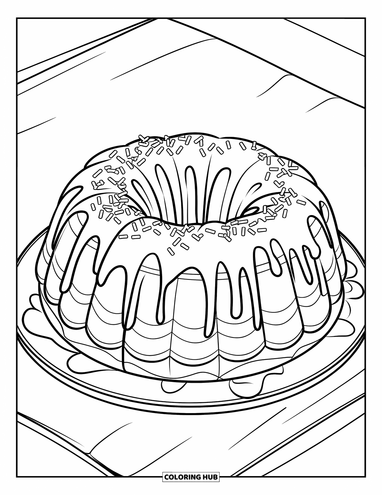 Cake Coloring Page for Kids: A doughnut-shaped bundt cake with icing drips and sprinkles on a white plate