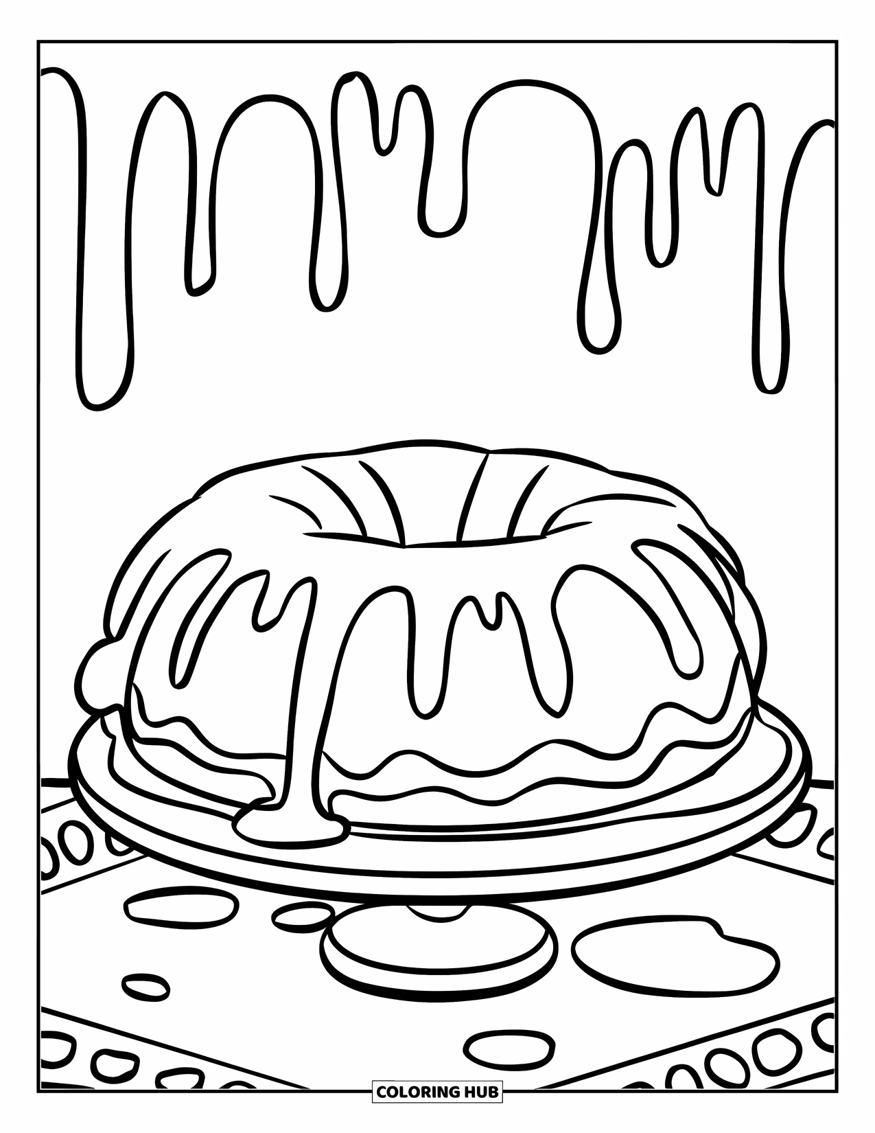 Cake Coloring Page for Kids: A doughnut-shaped bundt cake with icing drips, smooth surface, on a wooden stand