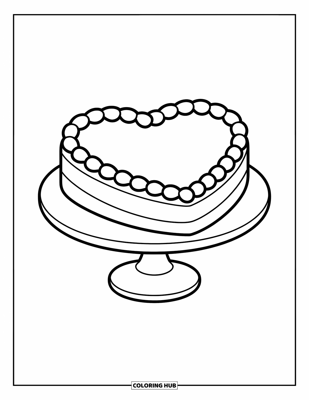 Cake Coloring Page for Kids: A heart-shaped cake with basic piping on a simple cake stand