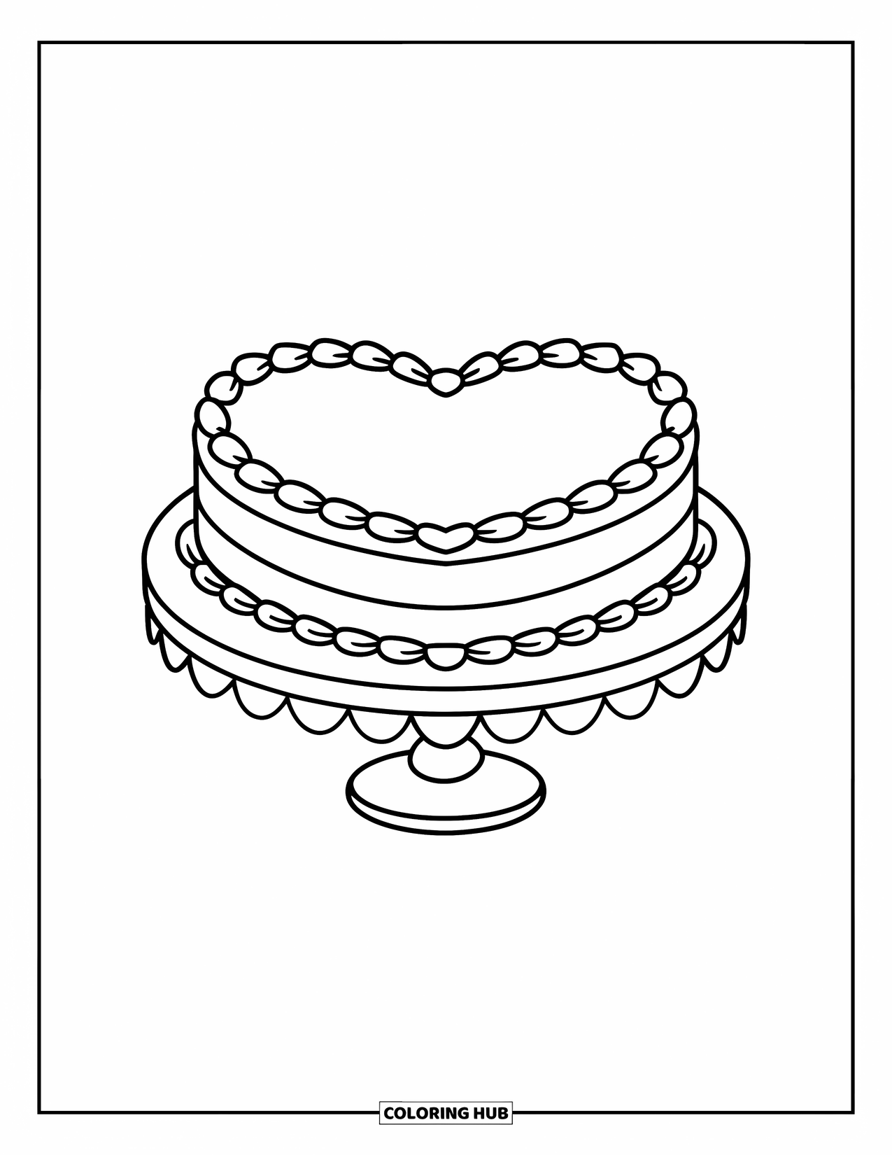 Cake Coloring Page for Kids: A heart-shaped cake with basic piping, placed on a simple cake stand