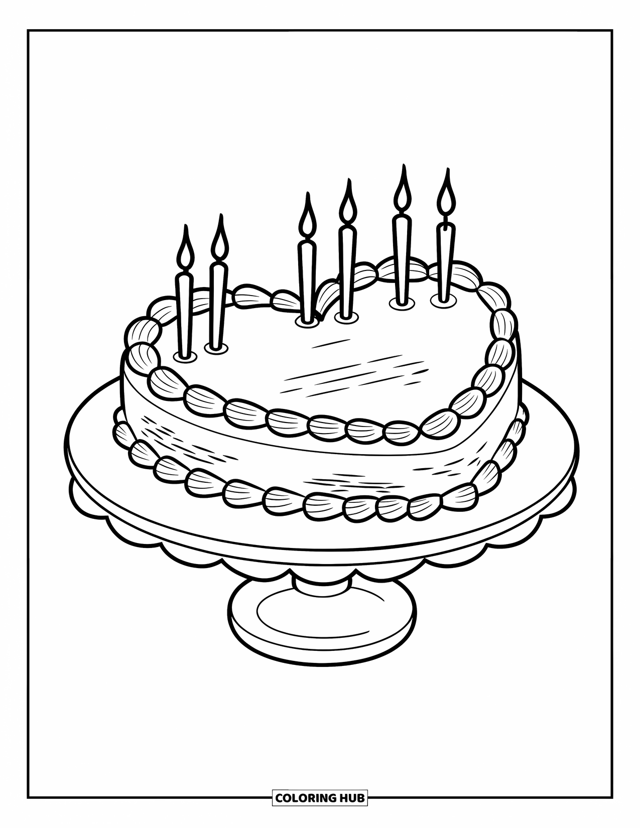 Cake Coloring Page for Kids: A heart-shaped cake with candles, basic piping, placed on a cake stand