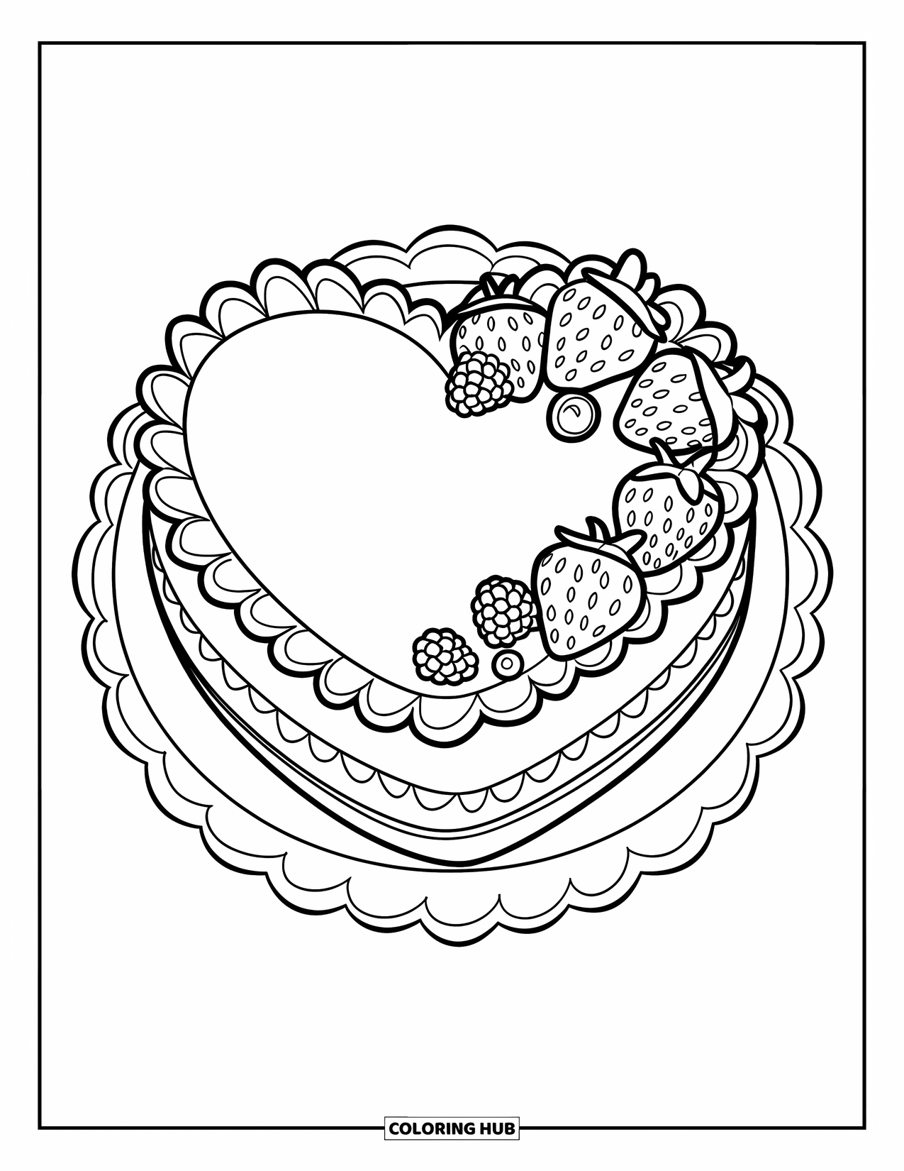 Cake Coloring Page for Kids: A heart-shaped cake with patterned borders, fruit garnish, and a scalloped plate