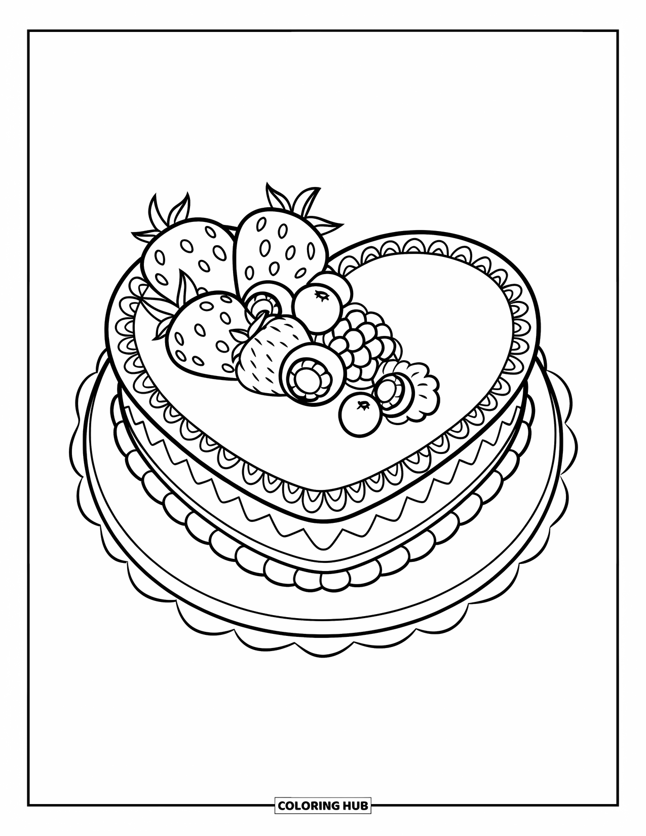 Cake Coloring Page for Kids: A heart-shaped cake with patterned borders, fruit garnish, and berries on top