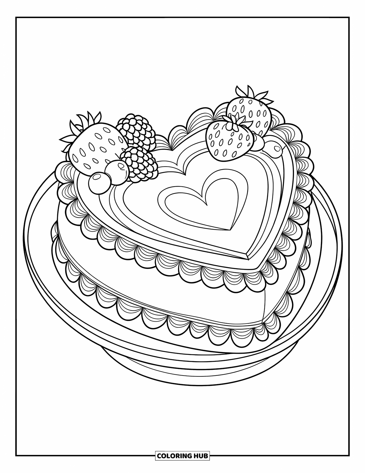 Cake Coloring Page for Kids: A heart-shaped cake with patterned borders, swirls of icing, and fruit on top