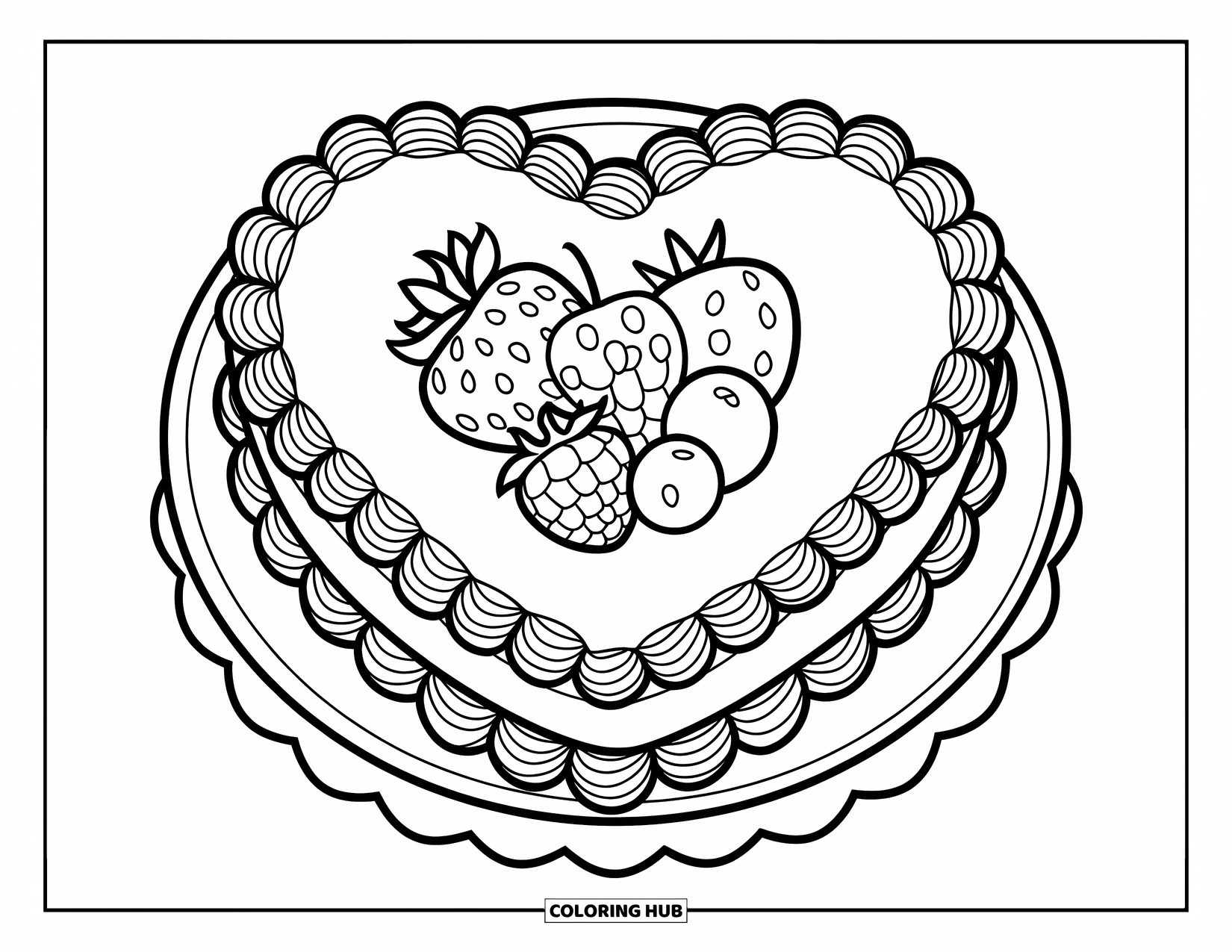 Cake Coloring Page for Kids: A heart-shaped cake with piped edges and fruit garnish, placed on a cake stand