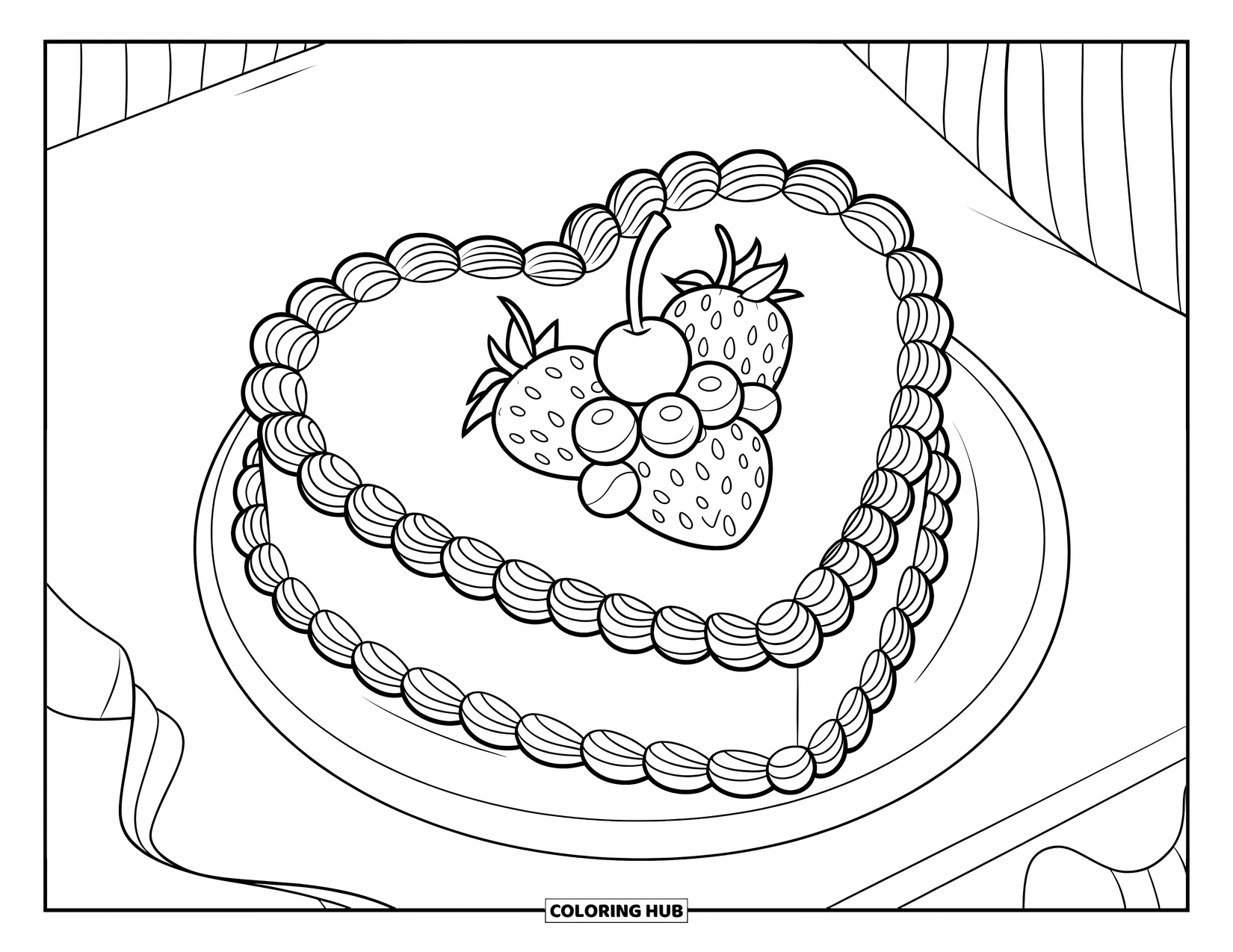 Cake Coloring Page for Kids: A heart-shaped cake with piped edges and fruit, topped with a cherry on a plate
